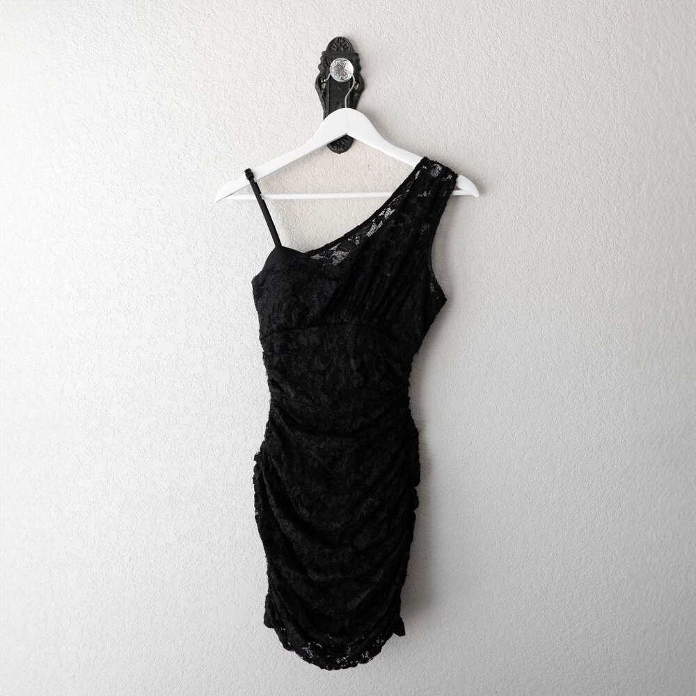 Forever 21 Dress Sz SP Black Lace Overlay One Shoulder Mini Ruched Whimsigoth